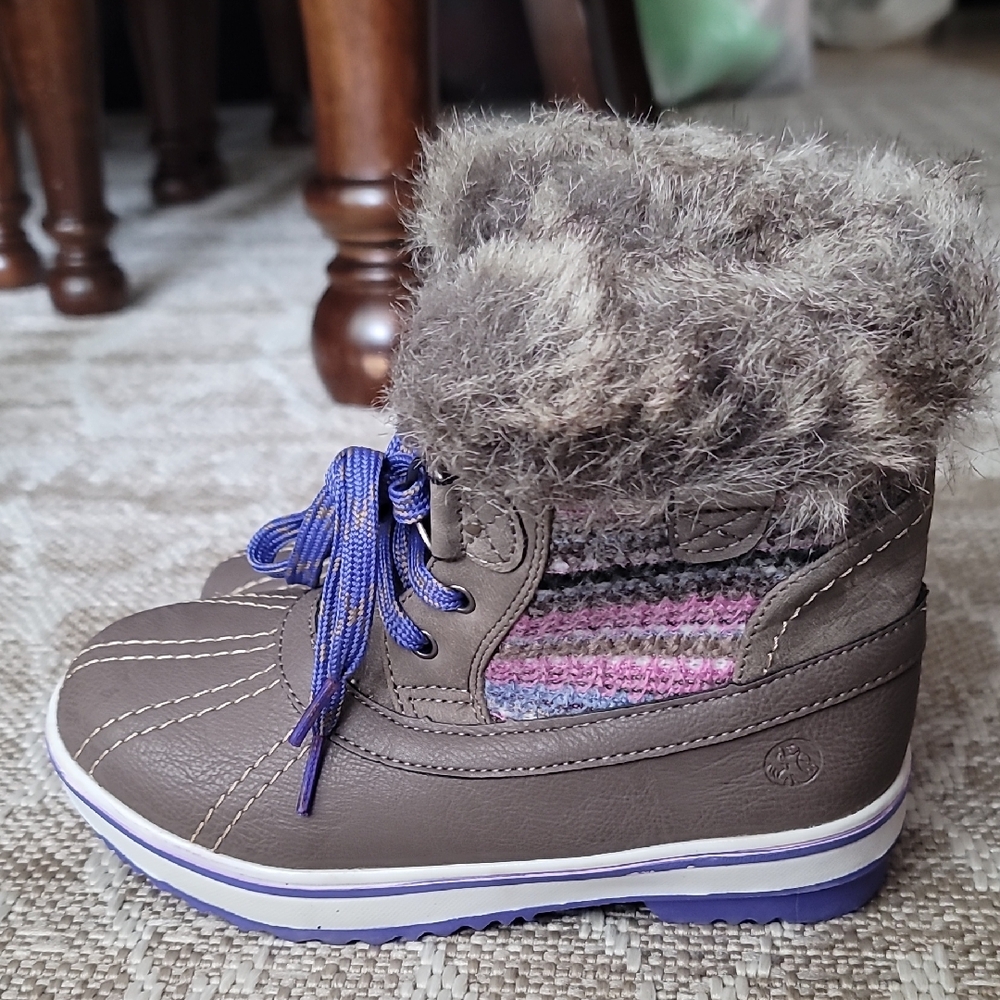 Kids Brown Faux-Fur Winter Boots with Purple Accents
